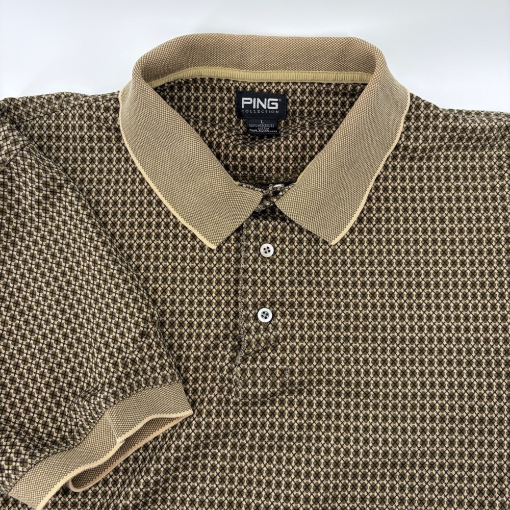 PING Collection Mens Large Brown Geometric Diamond Mercerized Cotton Polo Shirt